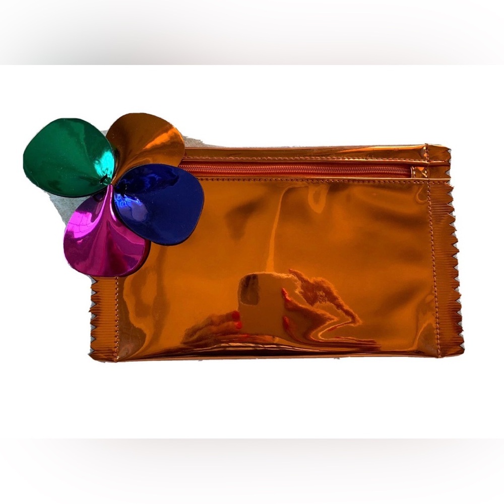 MAC Orange Metallic Candy Wrapper Zippered Makeup Bag with Colorful Flower